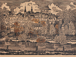 Európai grafikus: Waldenbürg városa KORTÁRS grafika  linomp 31x42 cm jjl jbl Waldenburg P 43 5x54 cm