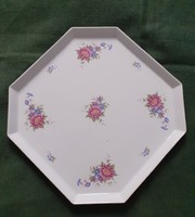 Nagyméretű, nyolcszögletű, ritka, vintage hollóházi porcelán tálca virág mintával (32 cm x 32 cm)