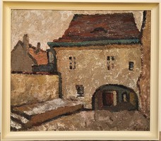 Gyelmis Lukács János (1899 - 1979) Udvar a Várban Képcsarnokos festmény 86x76cm EREDETI GARANCIÁVAL