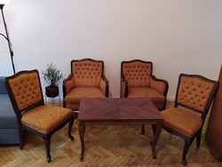 Neobarokk, antik, tömör fa ülőgarnitúra, 2 antik neobarokk fotel, 2 szék és tömör fa dohányzó asztal