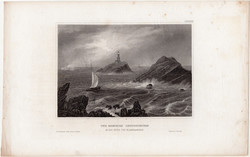 Mumbles világítótorony, acélmetszet 1857, eredeti, 10 x 15 cm, metszet, Wales, Swansea, Glamorgan