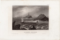 Mumbles világítótorony (2), acélmetszet 1857, eredeti, 10 x 15, metszet, Wales, Swansea, Glamorgan