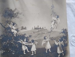 Antik, olasz, fekete-fehér képeslap angyalokkal/angyalka tavasz/Húsvét 1920-as évek 
