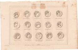 Pénzérmék (7), acélmetszet 1848, eredeti, metszet, Szíria, Ázsia, érme, pénz, antik, Antiochus