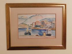 Barta László(1902 - 1961) Saint-Tropez-i kikötő,Mediterrán kikötő, akvarell,