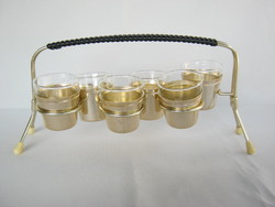 Retro 6 db-os pálinkás likőrös pohár készlet fém állványon