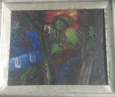 PUJ IRÉN: Fára mászó figura, meseszerű jelenet házikóval (olaj-vászon 31,5x40 cm)