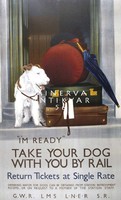 Vintage utazási reklám plakát reprint nyomat kutya foxi foxterrier póráz vonat jegy bőrönd ernyő