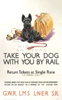 Vintage utazási reklám plakát reprint nyomat kutya skót terrier póráz vonat jegy táska golfütő zsák 