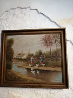 Ismeretlen festőtől festmény. Naiv stilusban. " Falusi Taj libákkal ".1940 évek. Olaj, vászon.. 