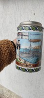 Német porcelán korsó Kupa krigli ón kupak, militaria téma, tengeralattjáró,katona zeppelin léghajó