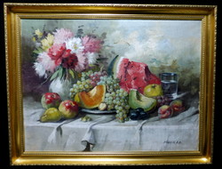 András Székelyhidy stark (cca 1900-1940) lavish spectacular rich fruit still life with bouquet of flowers