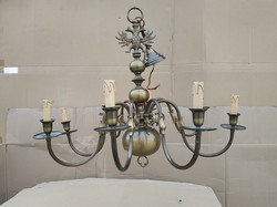 Antique 8 Arm Patinated Copper Flemish Chandelier + 8 New Decorative Candles and 8 Candle Bulbs 4145