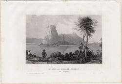 Dévény, acélmetszet 1859, Meyers Universum, eredeti, 9 x 14 cm, Duna, Pozsony, Devin, Theben, Morva