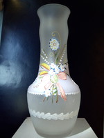 Bohemia painted opal glass vase decorated with plastic flowers with pink ribbon 37 cm