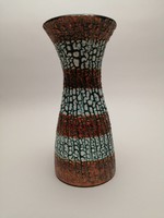 Iparművészeti zöld-barna csurgatott mázas kerámia váza