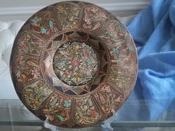Old, copper, punched, oriental wall bowl, enamel painted, very detailed, 35 cm