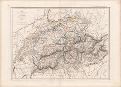 Svájc térkép 1846, francia, atlasz, eredeti, 32 x 45 cm, Dussieux, Marlier, politikai, régi, Alpok