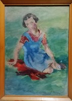 Juhász Erika festőművész akvarellje! Lány a mezőn... 1956-os festmény! 