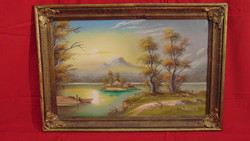 Kékessy K.: Sziget a naplementében - Szép olaj-vászon festmény hozzáillő, antik keretben