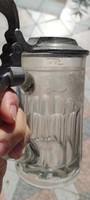 Antique glass mug with tin lid jug, stein, carved pattern