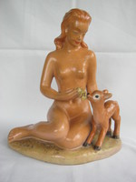 Signed Art Ceramic Female Nude with Deer, 28 cm