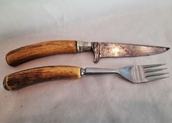Antik agancsnyelű vadász reggeliző kés - villa szett ... tőr / vadászkés...