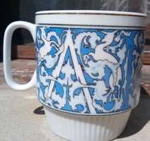 Kínai porcelán  bögre, pohár ,csésze ,aqua kék-fehér szarvasos, arany csíkkal,
