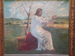 Bihari Emma: Jézus a virágzó fa alatt (régi, jelzett olaj-v.) keresztény, vallásos mű, Jézus-portré