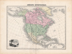 Észak - és Közép - Amerika térkép 1880, francia, atlasz, eredeti, 34 x 47 cm, Egyesült Államok, régi