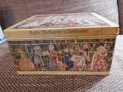 Ritka, svájci kekszesdoboz, bázeli manufaktúrából, 15. századbeli életképekkel, szép állapotban