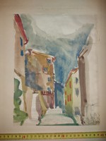 Szignós tus-akvarell festmény, 50x70-es karton-paszpartura, celluxal rögzítve, a '60-as évek végéből