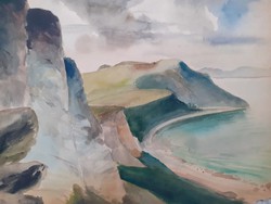 Hont-Varsányi Ferenc: Sziklás vízparti táj, eredeti jelzett, régi akvarell 1952 régi