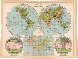Világtérkép, a Föld féltekéi térkép 1892, eredeti, régi, Athenaeum, Brockhaus, magyar, 24 x 31 cm