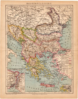 Balkán félsziget, térkép 1892, eredeti, Athenaeum, Brockhaus, Görögország, Törökország, Szerbia