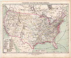 Egyesült Államok térkép 1857, eredeti, Berghaus, német nyelvű, atlasz, észak, Amerika, indián