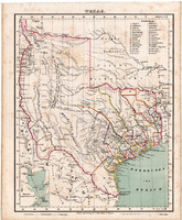 Texas térkép 1857, eredeti, Berghaus, német nyelvű, atlasz, észak, Amerika, indián, Egyesült Államok