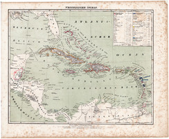 Nyugat - indiai szigetek térkép 1857, eredeti, Berghaus, német nyelvű, atlasz, közép, Amerika, óceán