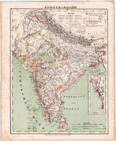 India térkép 1857, eredeti, Berghaus, német nyelvű, atlasz, Ázsia, Ceylon, Mangalore, Indiai - óceán