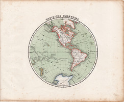 Nyugati félteke térkép 1857, eredeti, Berghaus, német, Amerika, Csendes - óceán, világtérkép