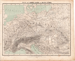 Közép - Európa hegy-, és vízrajzi térkép 1857, eredeti, Berghaus, német nyelvű, Magyarország, Alpok
