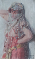 GEBHARDT ISTVÁN: Keleties hölgy (olaj-vászon 29x18 cm) portré, női arckép, fátyolos, egzotikus nő