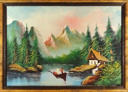 1D930 XX. századi festő : Halászcsónak havas hegyek lábánál