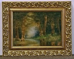 Erdő mélyén, antik festmény, olaj karton, kerettel 37 x 45 cm, jjl.