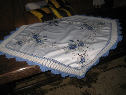 Embroidered tablecloth, openwork hand crocheted, wide border, 90 x 90 cm