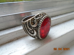 Látványos ezüst/ezüstözött fazettált rubin köves, niellós kézműves gyűrű