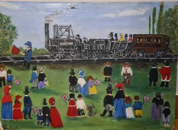 Naiv festmény, vasúttörténeti téma 1825-ből