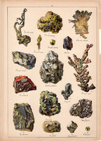 Ásvány (20), ezüst, arany, platina, termés réz, azurit, arzén, litográfia 1899, eredeti, 24 x 34 cm