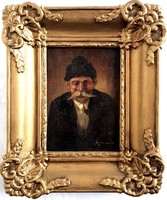 Pipázó öreg paraszt jelzett Portré festmény