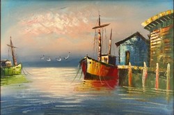 1D956 XX. századi festő : Hajók a kikötőben